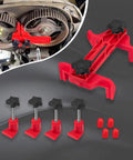 Real Deal Camshaft Locking Tool Kit With Heavy Duty Engine Timing Alignment Wrench Set with red plastic clamps and screws.