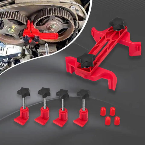 Real Deal Camshaft Locking Tool Kit With Heavy Duty Engine Timing Alignment Wrench Set with red plastic clamps and screws.