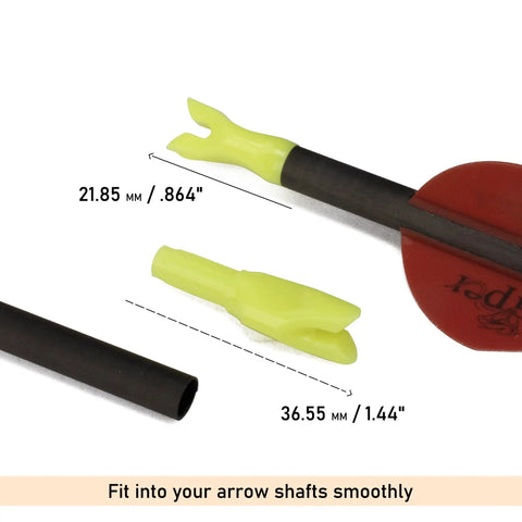 12 Pack Arrow Nocks With 6.2mm Inside Diameter Plastic Insert Nocks For Archery Hunting Curved Yellow Design with measurements