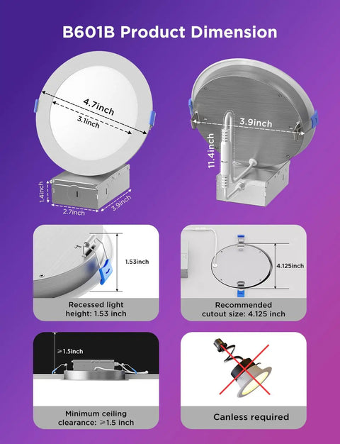 Govee Smart Recessed Lighting 4 Inch, LED Downlight 800 Lumen, 8 Pack dimensions chart with specs and installation details.