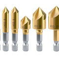 Six-Piece 5-Flute Titanium-Plated Countersink Drill Bit Set, 1/4 Inch Hex Shank, 6-19mm Range, shown in order of size