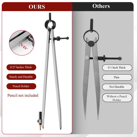 Killer 12 Inch Woodworking Pencil Compass And Divider Tool With Secure Lock Mechanism For Perfect Circles shows sturdy 0.27in thick carbon steel frame.