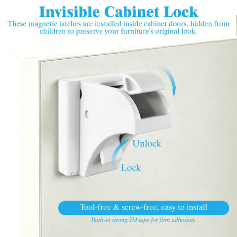 Close-up of a white 10 Pack Magnetic Cabinet Lock For Kid Proofing And Baby Safety On Cupboards And Drawers No Tools Needed Easy Install
