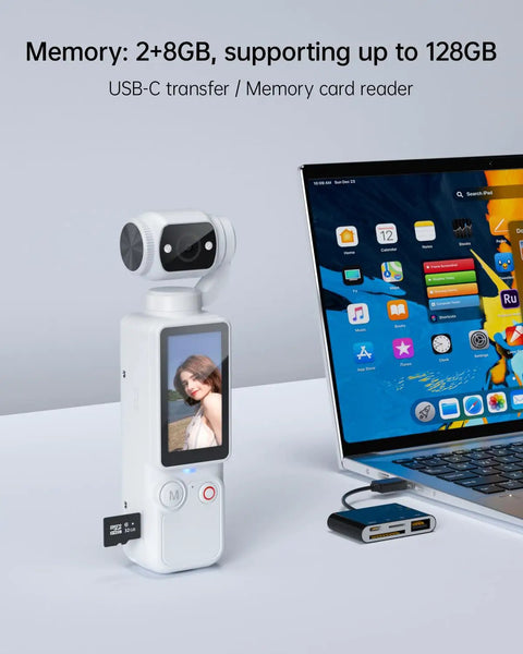 Pocket 2.5K Video Recorder With 180 Degree Rotating Lens For Vlogging connected to laptop via USB-C