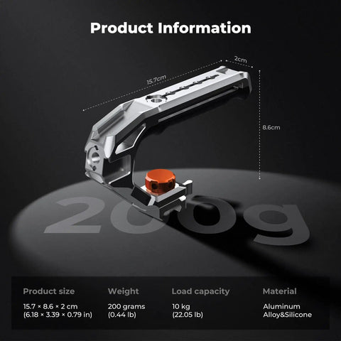 Dual Mount Camera Top Handle With NATO Clamp And ARRI Locating Pins, aluminum alloy, size 15.7 x 8.6 x 2cm, shown with specs