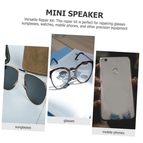 Image of eyeglass repair kit components for quick fixes to glasses, sunglasses, and watches, shown with sunglasses, glasses, and smartphone.