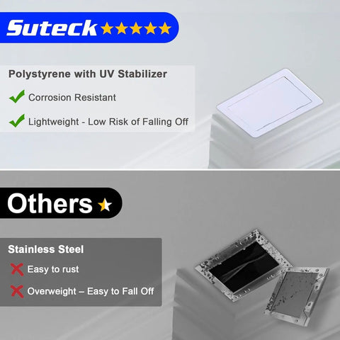 Comparison of polystyrene and stainless steel ceiling access panels, highlighting corrosion resistance and weight differences.