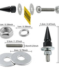 Spike License Plate Screws Fasteners 4 Piece Kit showing dimensions and parts, stainless steel and aluminum, universal fit
