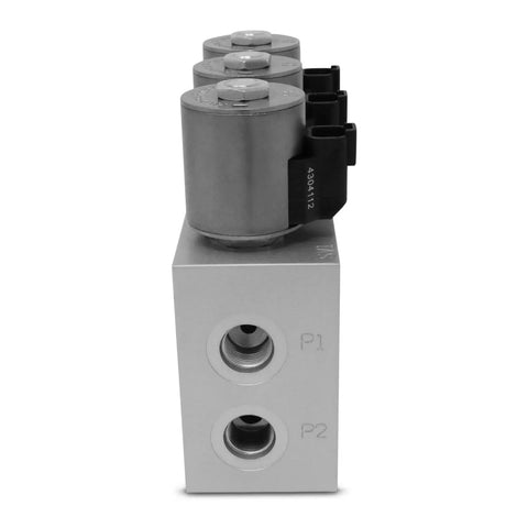 Side view of Three Circuit Hydraulic Multiplier Kit With Selector Valve Couplers And Switch Box Control Built For Open Or Closed Or FPC Systems Up To 3000 PSI Anodized Body All Weather Tough Pro Grade Heavy Duty 12V DC Solenoids