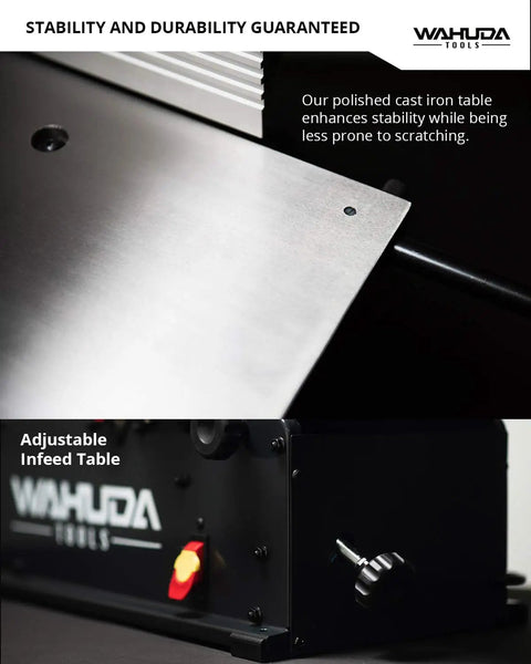 Heavy Duty 10 Inch Benchtop Wood Jointer Featuring Spiral Cutterhead And Cast Iron Table With Pull Out Extensions Plus Four Sided Carbide Inserts For Zero Hassle Smooth Finishes close-up of polished cast iron table and adjustable infeed.