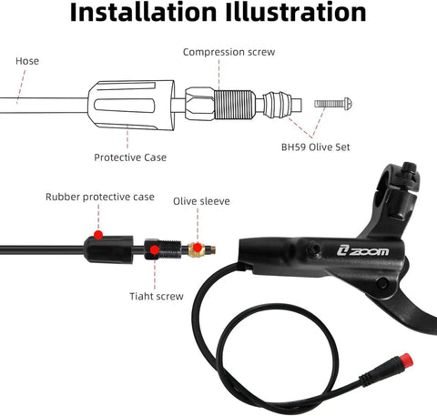 Installation illustration of 2 Pin Safety Cut Off Brake Levers for Electric Bikes and Scooters with labeled components.