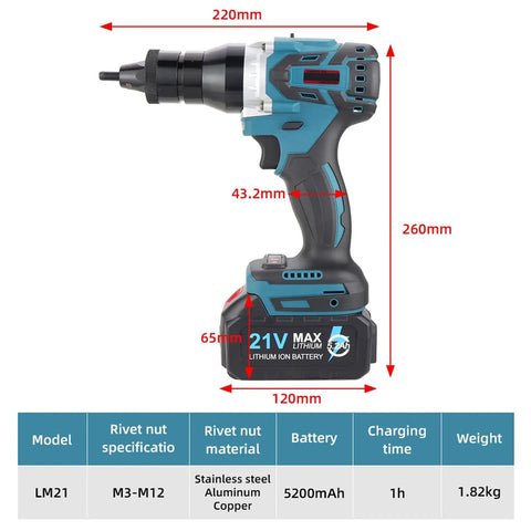 Heavy Duty Cordless Electric Rivet Nut Gun With Automatic Fastening For M3 Through M12 Nuts Built Tough For Quick DIY and Pro Metal Work, side view showing dimensions.