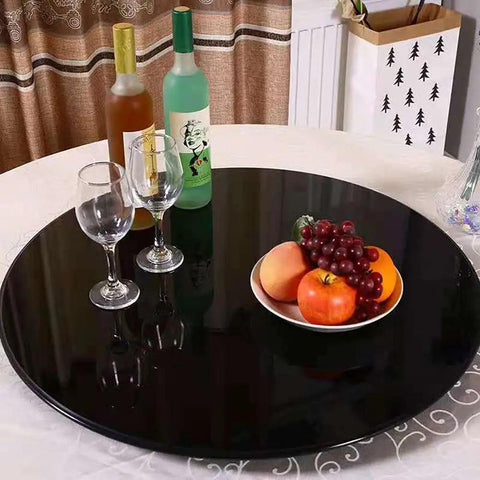 Black Glass Round Dining Table Turntable 360 Degree Rotating Tray Lazy Susan with fruit and glasses on table