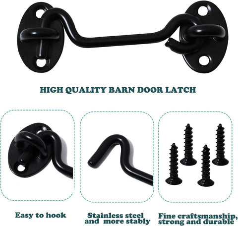 4 Inch Barn Door Latch Lock Kit With Eye Hook Sliding Door Lock Hardware Screws Included Rust Resistant Metal Gate Latch For Barn Doors Built Tough Easy Install 2 Pack showing latch, hook, and screws.
