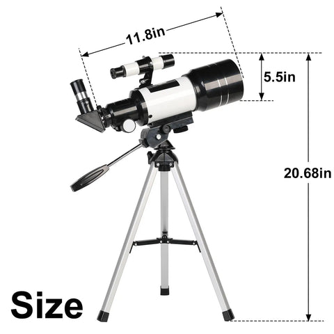 Dimensions of Portable 70mm Refractor Telescope For Beginners With 15x-150x Magnification on tripod, includes accessories.