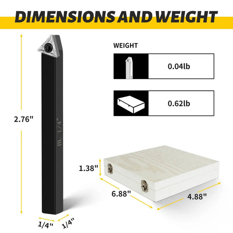 Five Sets Of One Quarter Inch Carbide Lathe Tool Bits For Indexable Turning Metal Lathe Tools dimensions and weight diagram.