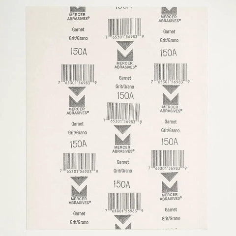 Back view of Garnet Sandpaper Sheets 9x11 A Weight Latex Backed Grit 150A 100 Pack showing Mercer Abrasives branding and barcode.