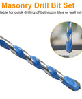 Side view of blue-coated 6mm masonry drill bit from a 5-piece set; inset shows the tip.