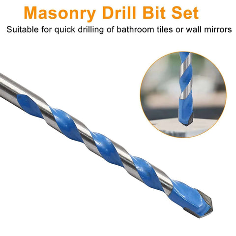 Side view of blue-coated 6mm masonry drill bit from a 5-piece set; inset shows the tip.