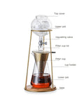 Kickback Cold Brew Dripper Coffee Tower Featuring Adjustable Stainless Steel Drip Valve For Rich Smooth Low Acid Iced Coffee Brewing At Home Or Outside Whenever You Wanna, showing labeled glass and stainless steel components.