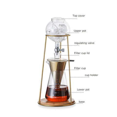 Kickback Cold Brew Dripper Coffee Tower Featuring Adjustable Stainless Steel Drip Valve For Rich Smooth Low Acid Iced Coffee Brewing At Home Or Outside Whenever You Wanna, showing labeled glass and stainless steel components.