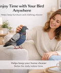 Indoor Pigeon Harness Kit With Reusable Diaper Pants And Flight Training Leash, woman with pigeon in harness on sofa