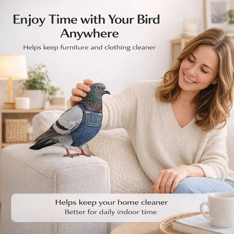 Indoor Pigeon Harness Kit With Reusable Diaper Pants And Flight Training Leash, woman with pigeon in harness on sofa