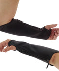 Genuine Cowhide Leather Arm Sleeves And Extended Elbow Guards Shield Thin Skin From Rough Scratches Bruises And Burns With Hella Comfortable Form Fitting Design In Classic Black For Heavy Work showing zipper detail.