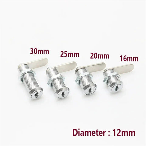 Four different sizes of cam locks for cabinets, labeled 30mm, 25mm, 20mm, 16mm, with a 12mm diameter base.
