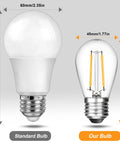 Comparison of standard bulb and Six Pack 2W LED Light Bulbs Equivalent To 15W 20W For S14 Replacement Outdoor String Lights And Sputnik Chandeliers Shatterproof 120V 2700K Warm White E26 Base Great For Patio Parties And Backyard Ambience