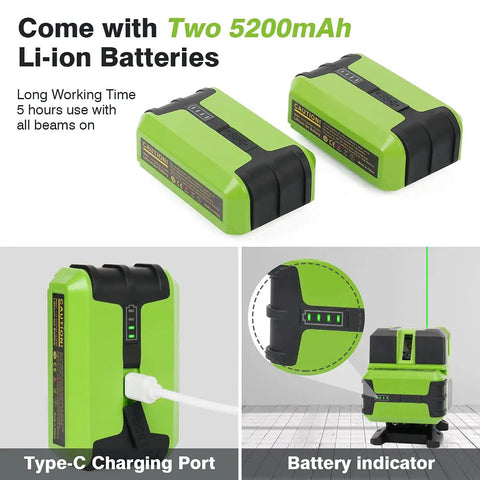 Pro Grade Multi Line Laser Level With Four Vertical Lines And A 360 Degree Horizontal Floor Line Self Leveling Green Cross Line Rotating Base Includes Two Li Ion Batteries shown with charging port and indicator