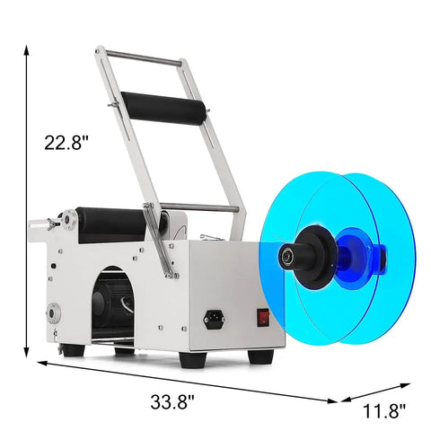 Mt 50 Semi Automatic Bottle Labeling Machine With Electrical Adhesive Printer showing adjustable height and label roll.