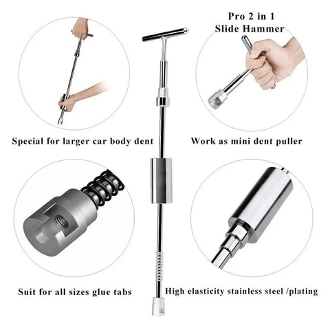 Auto Body Dent Repair Kit With Paintless Dent Puller And Suction Cup Tools, showing slide hammer and components.