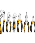 All In One 6 Piece Pliers Set With 10 Inch Water Pump Pliers 8 Inch Slip Joint Pliers 8 Inch Linesman Pliers 8 Inch Long Nose Pliers 6 Inch Diagonal Pliers And 8 Inch Adjustable Wrench Pro Grade For Home Repair Shop DIY Pros shown with black and orange grips