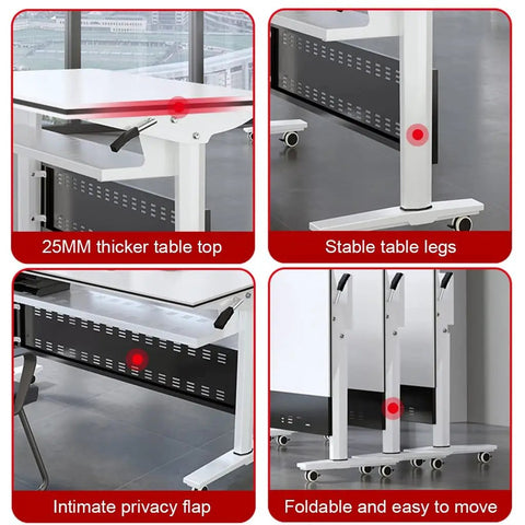 Top Shelf Flip Top Mobile Training Table And Two Chair Set With Dead Simple Folding Operation showcasing 25MM thick tabletop and stable legs.