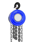 Shop Grade 10T Manual Chain Hoist Built Tough With Dual Rotating Hooks And Heavy Duty Steel Frame, blue body and chains, garage use.