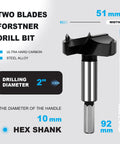 Heavy Duty 2 Inch Forstner Drill Bit With Tough Carbide Tipped Cutters, 51 mm width, 10 mm hex shank for woodworking.