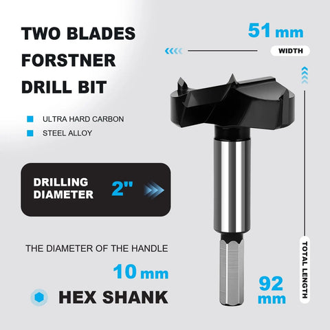 Heavy Duty 2 Inch Forstner Drill Bit With Tough Carbide Tipped Cutters, 51 mm width, 10 mm hex shank for woodworking.