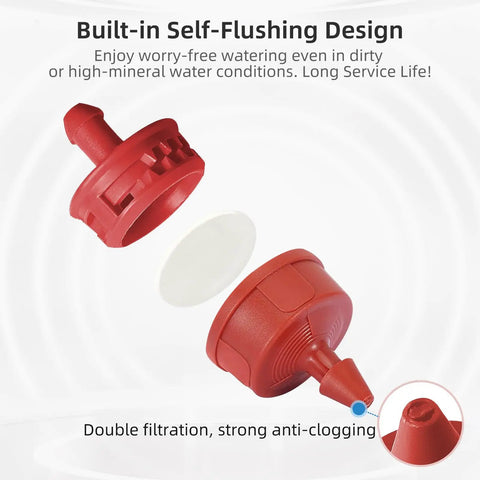 Pressure Compensating Drip Irrigation Emitters 4 GPH Self Cleaning Constant Flow Heads showing red design and anti-clogging feature