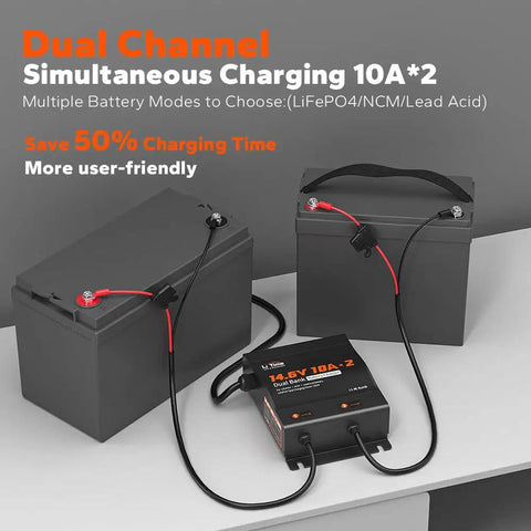 Heavy-Duty Dual 10A 2-Bank Smart Battery Charger For LiFePO4 And Lead Acid Batteries, 14.6V Output, 90-260V AC Input, Fuse Protected, LED Indicator, Built For RVs, Boats, Motorcycles, Lawn Mowers, Trolling Motors