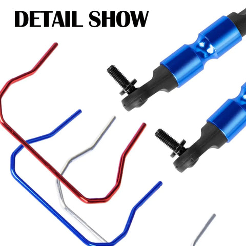 Close-up view of Beefed Up Aluminum Front And Rear Wide Sway Bar Kit components for 1/10 Slash Stampede Rustler Rally 4X4 RC Cars.