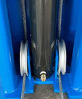 Two-post car lift base section with blue frames, black center post, and steel lifting cables.