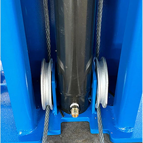 Two-post car lift base section with blue frames, black center post, and steel lifting cables.
