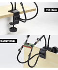 Pro Grade Four Arm Third Hand Soldering Stand with clamps holding PCB board, vertical and transverse views on table edge.