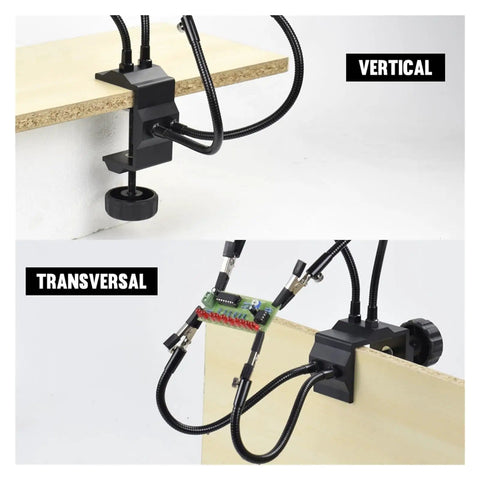 Pro Grade Four Arm Third Hand Soldering Stand with clamps holding PCB board, vertical and transverse views on table edge.