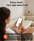 Woman using phone displaying app notifications for Rock Solid WiFi Video Smart Lock With 5 In 1 Keyless Entry.