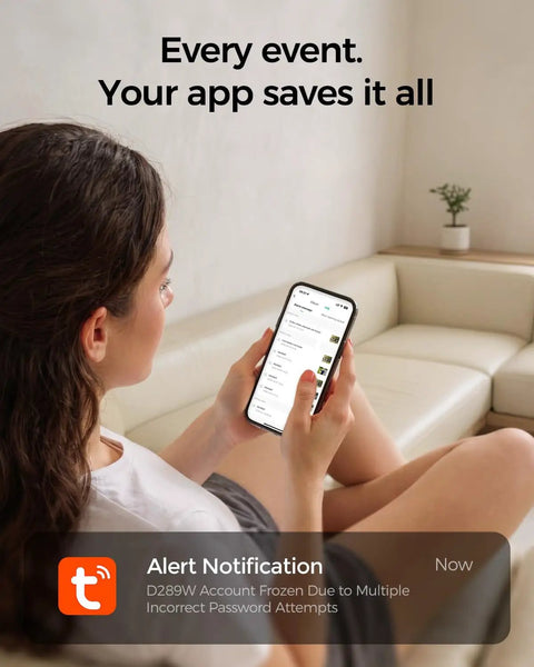 Woman using phone displaying app notifications for Rock Solid WiFi Video Smart Lock With 5 In 1 Keyless Entry.
