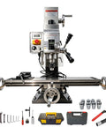 Benchtop Drilling Milling Machine With 1300W Brushless Motor Variable Speed 20 To 2250 RPM on metal table with accessories.