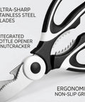 Heavy Duty Kitchen Scissors All Purpose Stainless Steel Food Shears For Meat Poultry Fish Veggies And Herbs Multipurpose Sharp Scissors With Ergonomic Grip Dishwasher Safe Black Finish Meal Prep Ready, stainless steel blades close-up