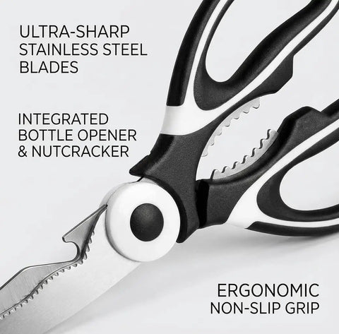 Heavy Duty Kitchen Scissors All Purpose Stainless Steel Food Shears For Meat Poultry Fish Veggies And Herbs Multipurpose Sharp Scissors With Ergonomic Grip Dishwasher Safe Black Finish Meal Prep Ready, stainless steel blades close-up